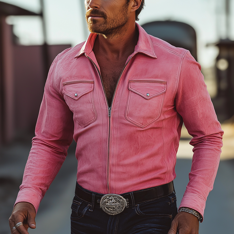 Men's Retro Minimalist Zippered Faux Suede Long-Sleeve Shirt MTA1147L3P