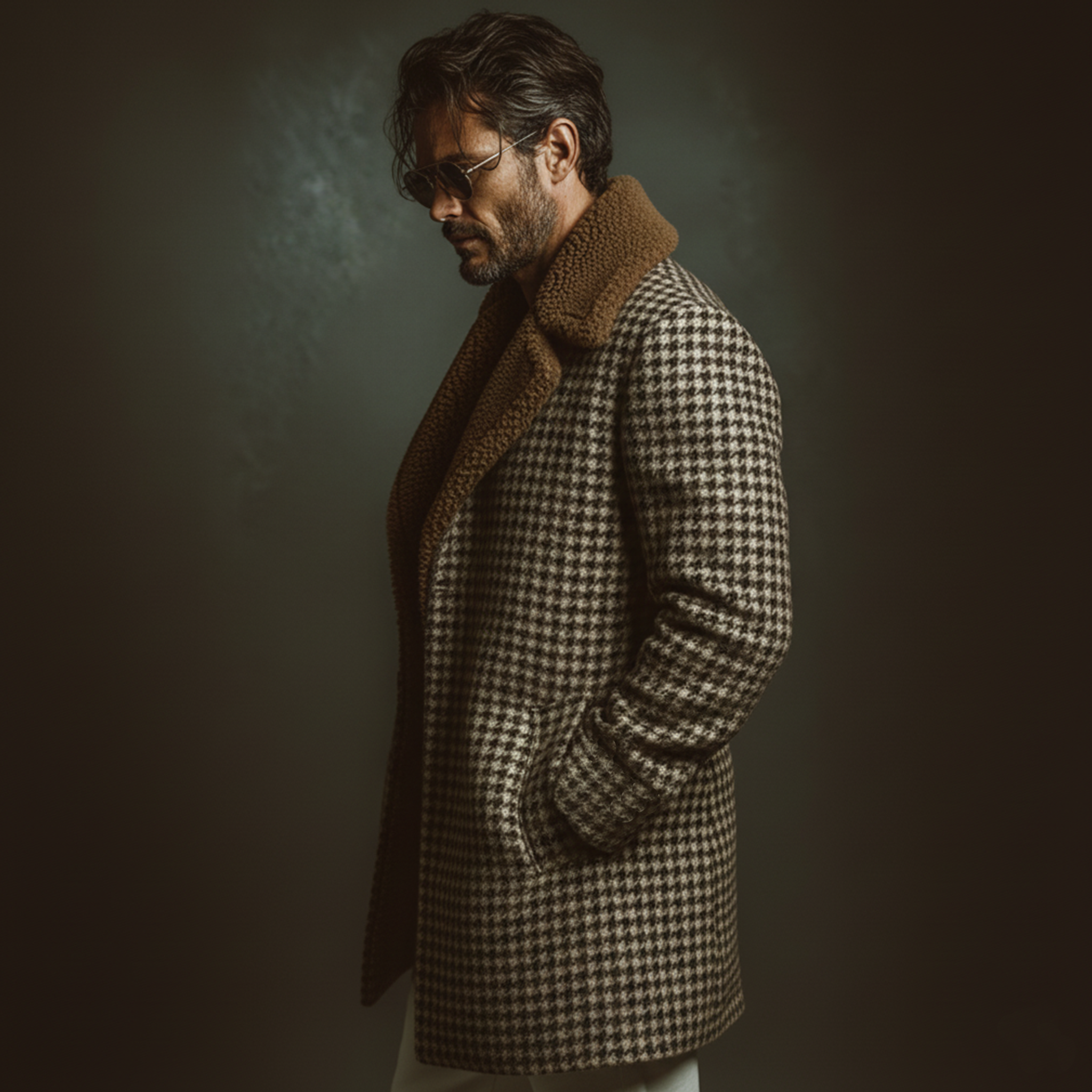 Men's Classic Retro Fleece Lapel Faux Houndstooth Wool Blend Thigh-length Coat MTA3152J1K