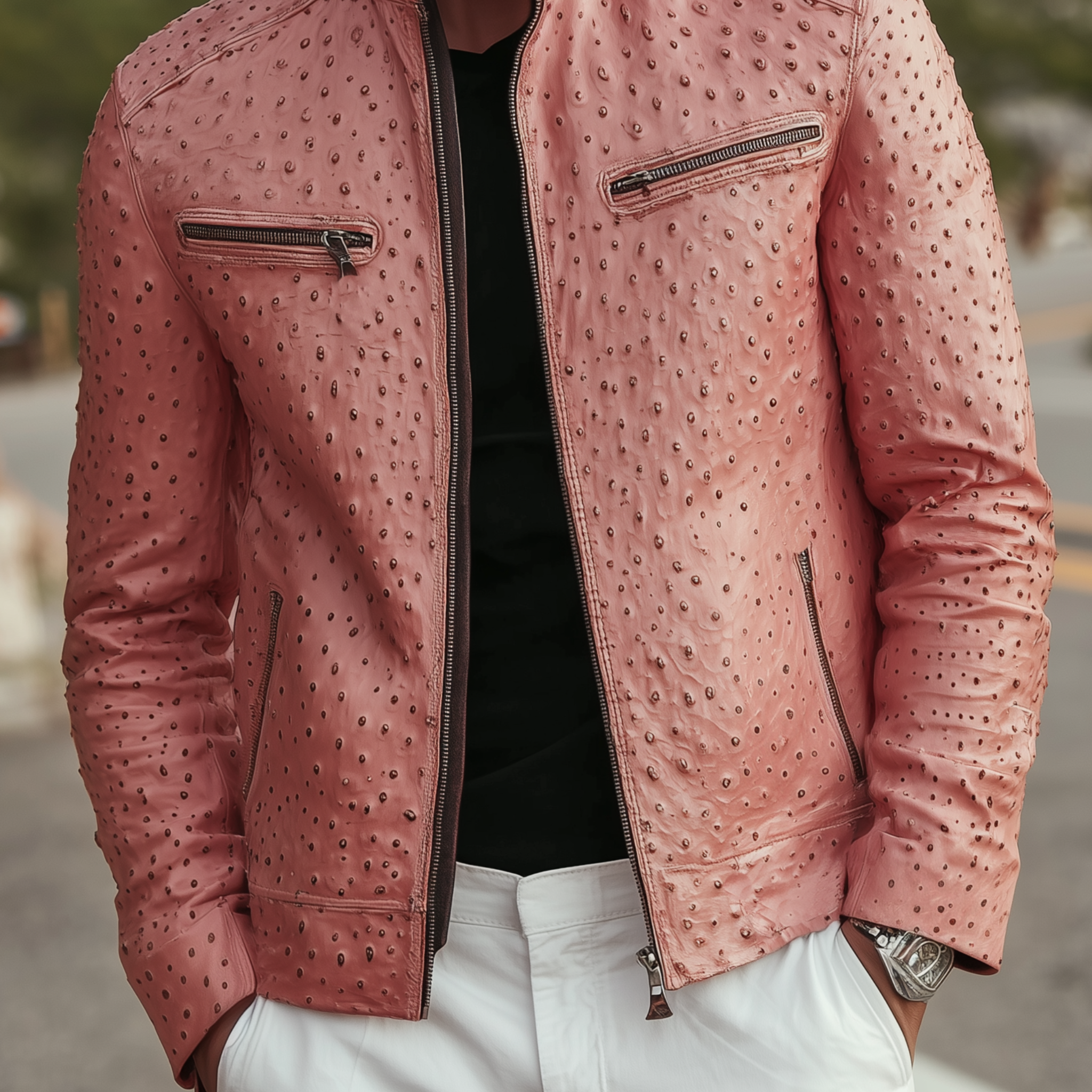 Men's Classic Retro Stand Collar Textured Pink PU Leather Slim Zipper Jacket MTA1646H9K
