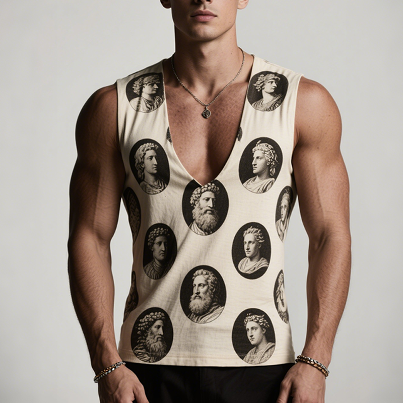 Men's Retro Casual Classical Printed V-Neck Sleeveless Tank Top MTA1979F0TO