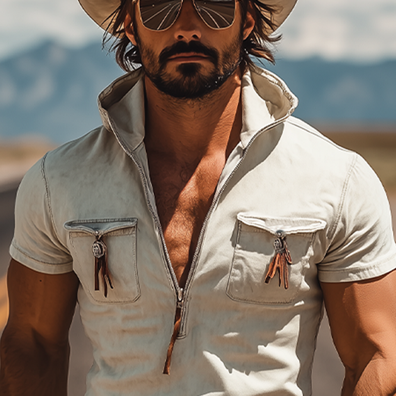 Men's Spring And Summer New Fashion Retro Western Cowboy Style Suede Hooded Zipper Pocket Tassel Deep V Neck Short Sleeve T-Shirt MTA0950E8K