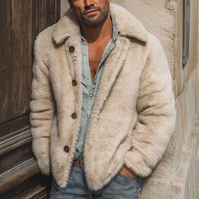 Men's Classic Warm Beige Faux Mink Button Jacket MTA0107K6U