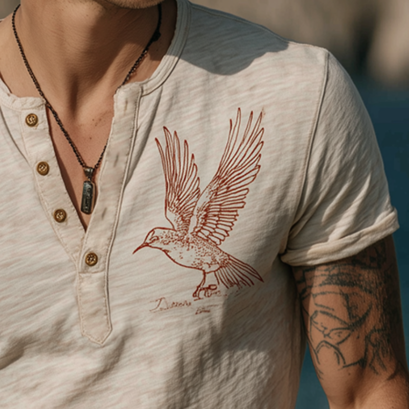 Men's Vintage Casual Cotton Hummingbird Print Henley Short Sleeve T-Shirt MTA1821G7TO