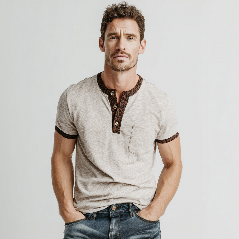 Men's Casual Leopard Patchwork Slub Cotton Henley Collar Slim Fit Short Sleeve T-Shirt MTA2994G5M