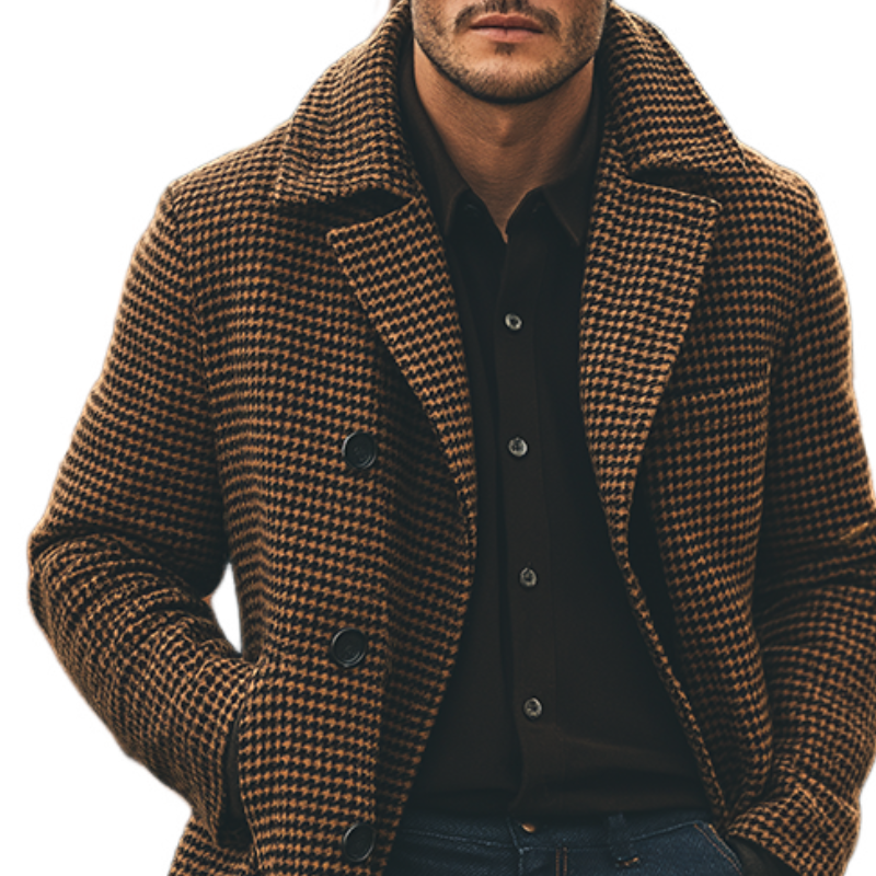 Men's Retro Casual Plaid Lapel Double-Breasted Mid-Length Coat MTA1634J2TO