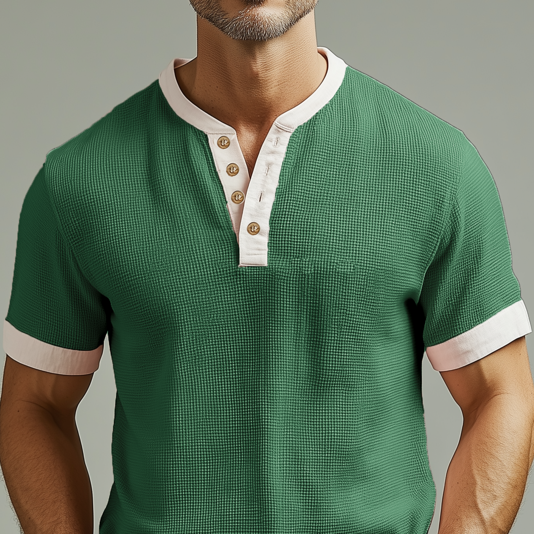 Men's Spring And Summer Casual Henley Collar Waffle Stitching Cotton Blended Short Sleeve T-Shirt MTA2295G7K