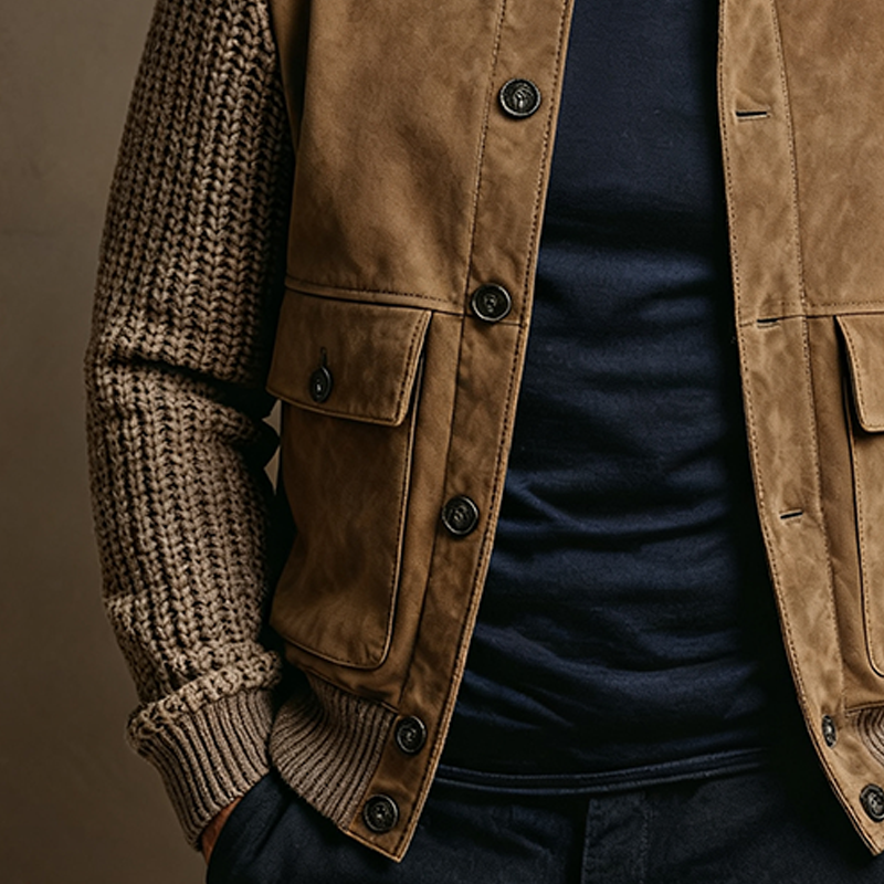 Men's Faux Suede Patchwork Knitted Sleeve Stand Collar Jacket MTA1146K6X