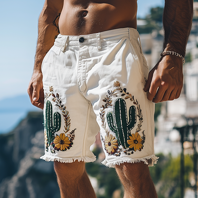 Herreshorts i italiensk siciliansk stil med vasket hvit denim og brodert kant, sommermote MTA1038F0K