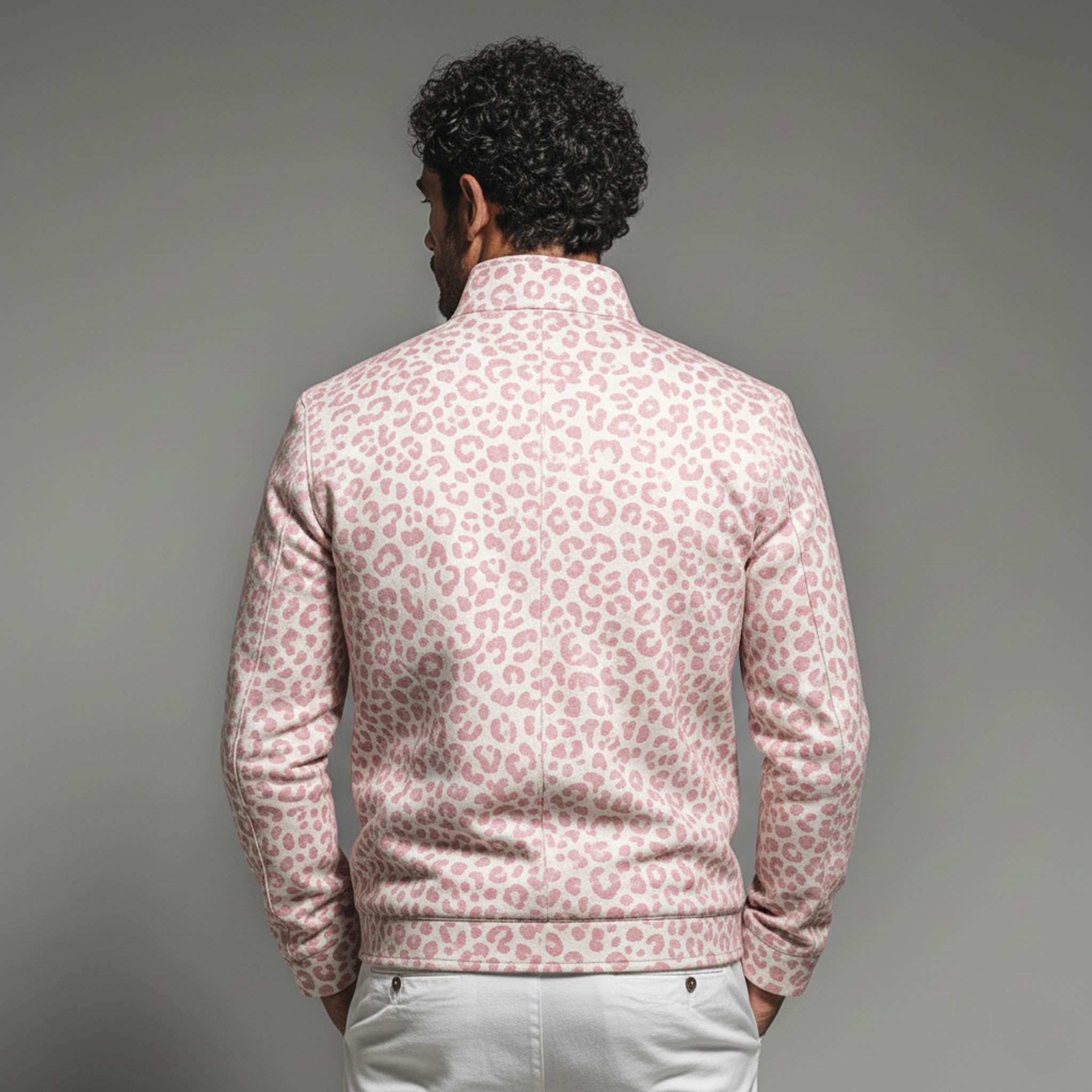 Men's Classic Casual Stand-collar Pink Leopard Print Denim Zip-up Jacket MTA1902L8K