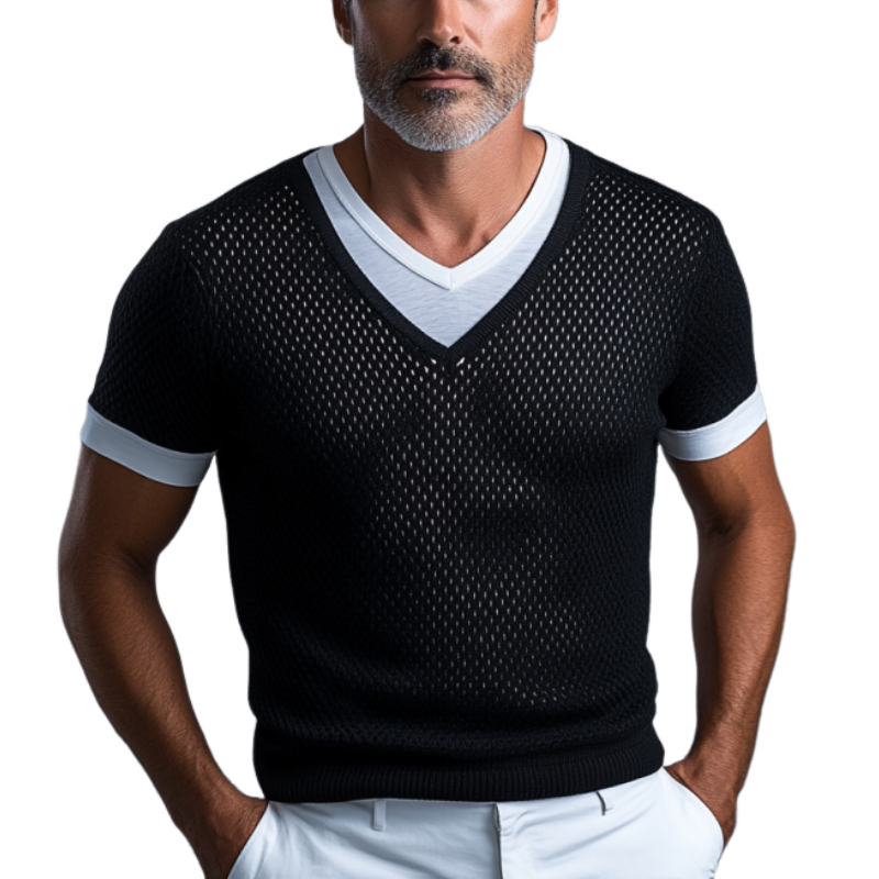Men's Fashion Solid Color Mesh Crochet V-Neck Short Sleeve Knitted Sweater MTA0774F1Y
