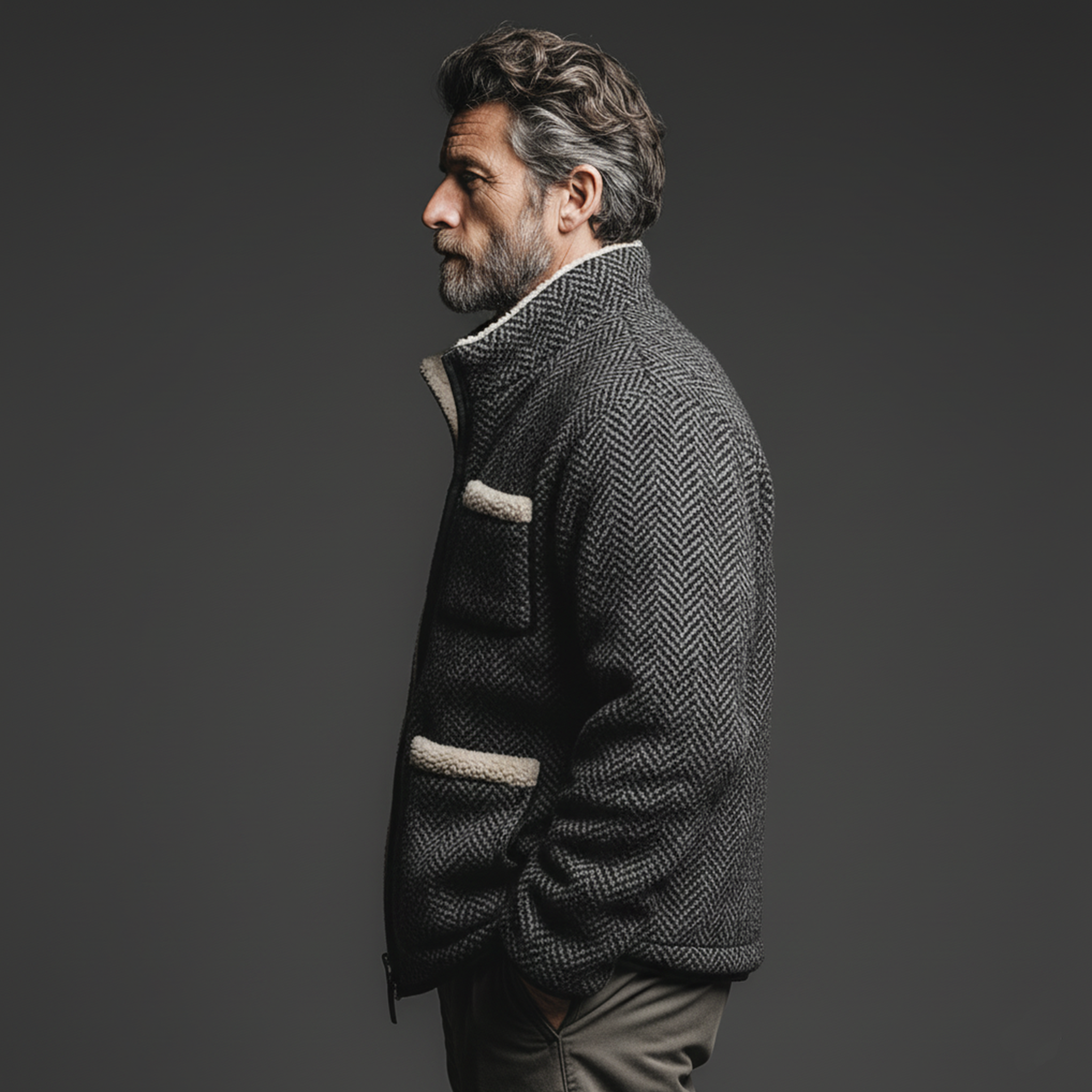 Men's Classic Casual Stand-up Collar Lambswool Lining Zipper Faux Herringbone Wool Jacket MTA2075J8K