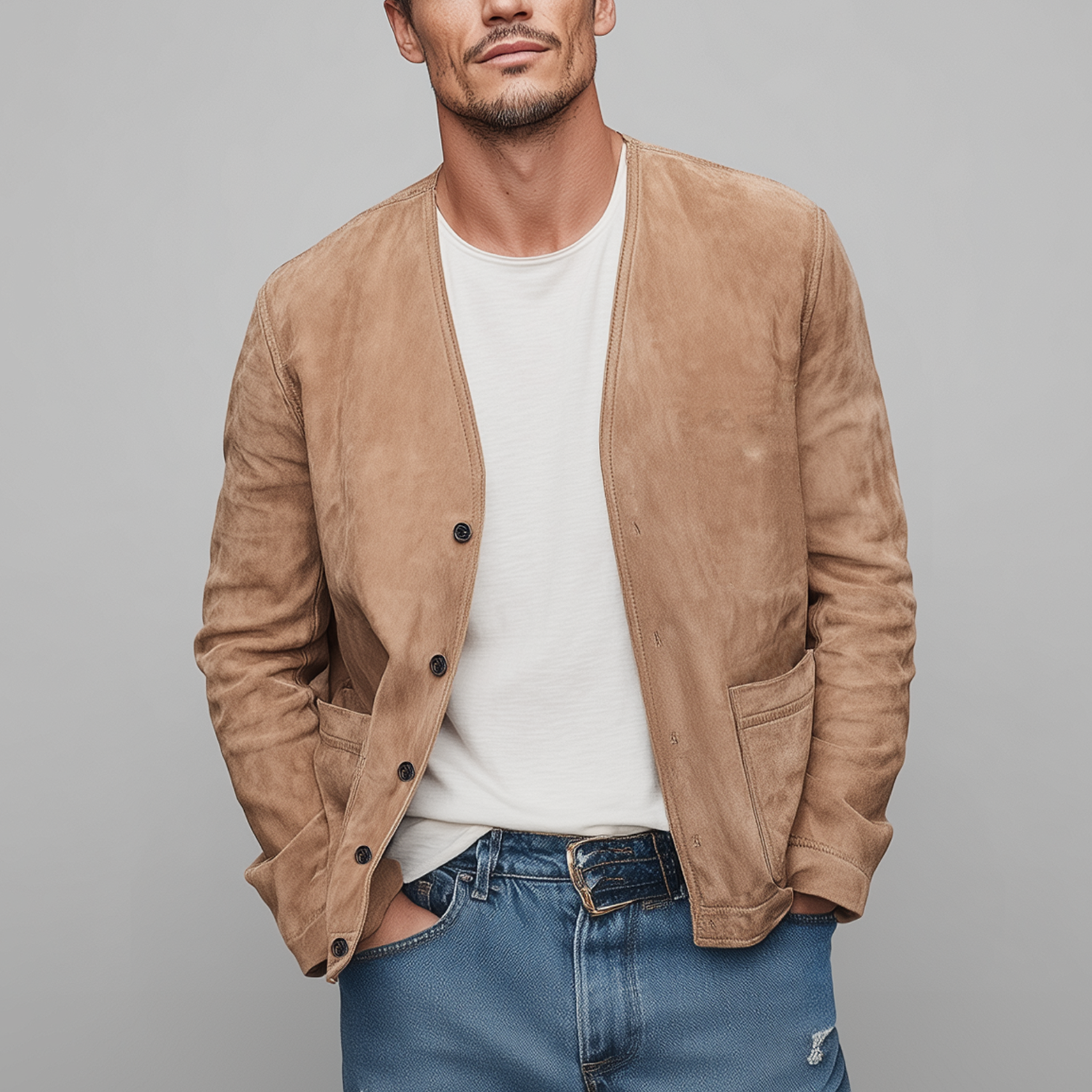 Men's Spring Casual Thin Suede Solid Color Collarless Loose Jacket MTA2275G4K