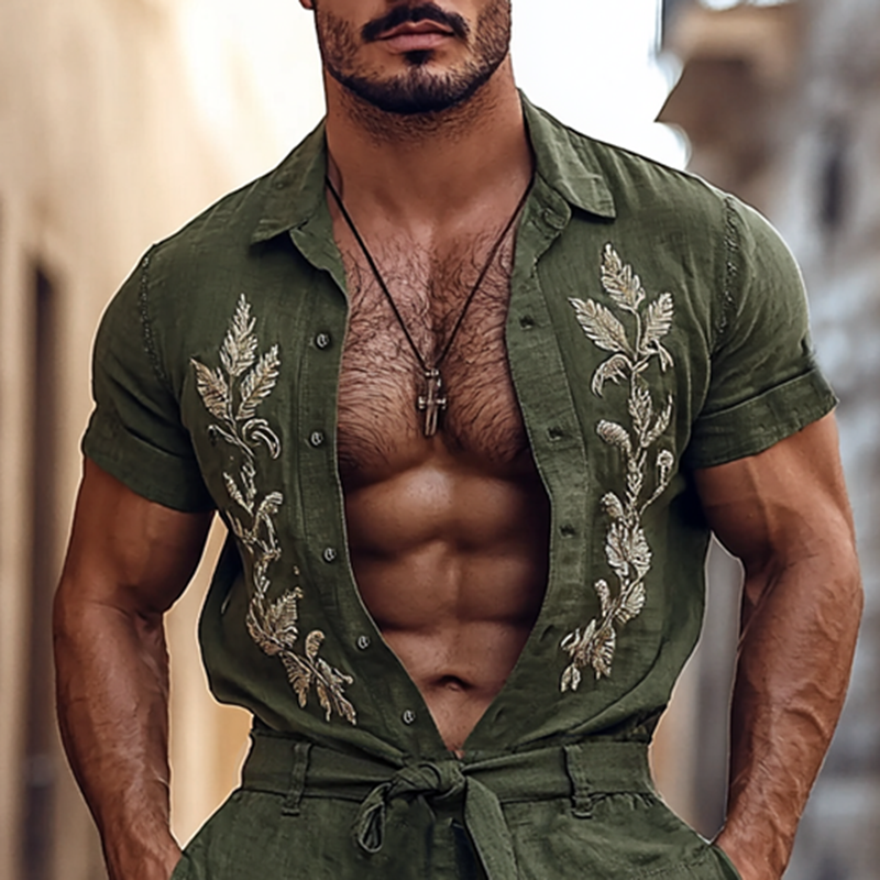 Men's Embroidered Lapel Short Sleeve Single Breasted Belt Shorts Jumpsuit MTA2307F8Y