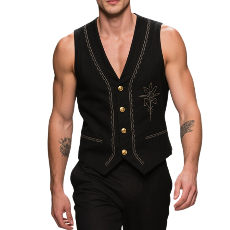 Men's Vintage Casual Cotton Embroidered Metal Single Breasted Vest MTA2919E5TO