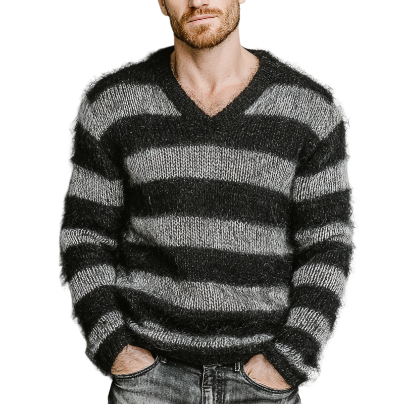 Men's Loose Striped V-Neck Mohair Knit Sweater MTA1238I1X