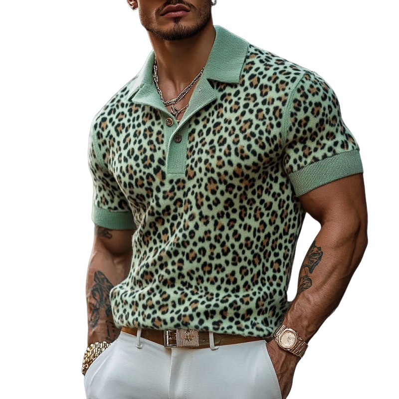 Mote herreskjorte med leopardtrykk, strikket kortermet MTA0754F7Y