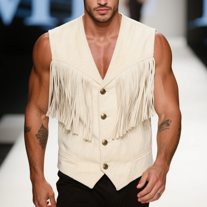 Men's Vintage Casual Cotton Tassel Metal Single Breasted Vest MTA2980E0TO