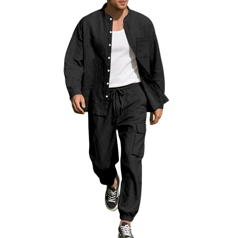 Men's Casual Cotton And Linen Long-Sleeved Trousers Two-Piece Set MTA0653E1X