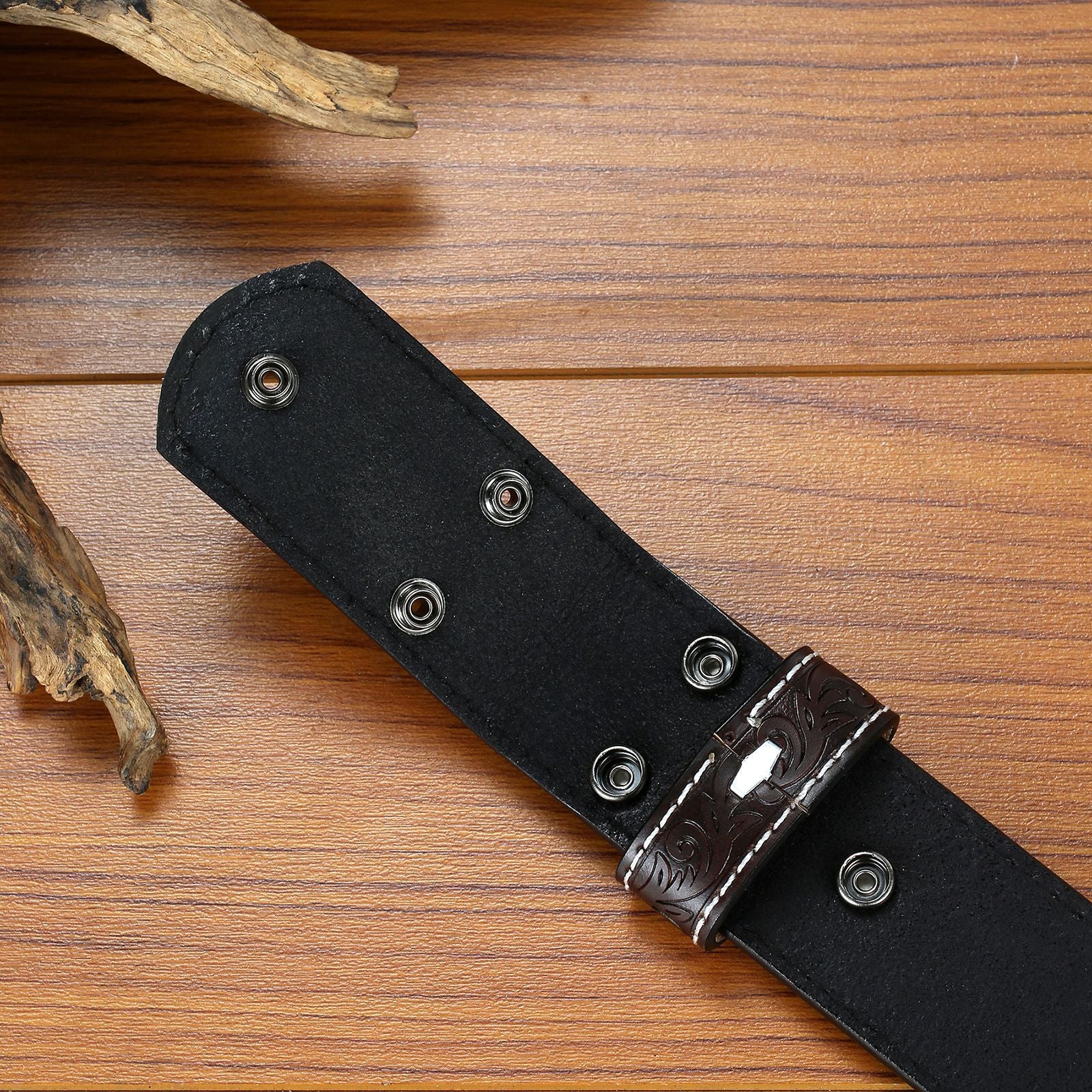 Men's Vintage Genuine Leather Punk Style Embossed Feather Snap Belt MTA0850E9U
