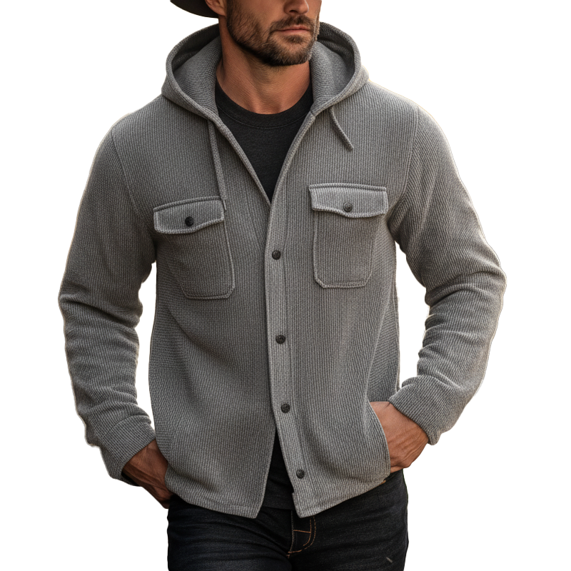Men's Simple Knit Ribbed Hooded Button-Up Shirt MTA0587K3P