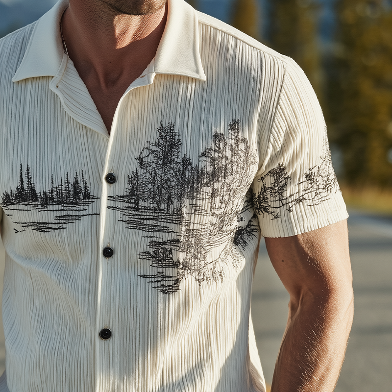 Men's Spring And Summer Classic Casual Ribbed Texture Fabric Embroidery Slim Short-sleeved Shirt MTA1188G6K