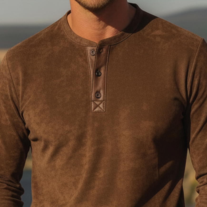 Men's Classic Casual PU Leather Henley Neck Faux Suede Long-Sleeved T-Shirt MTA2996L0K