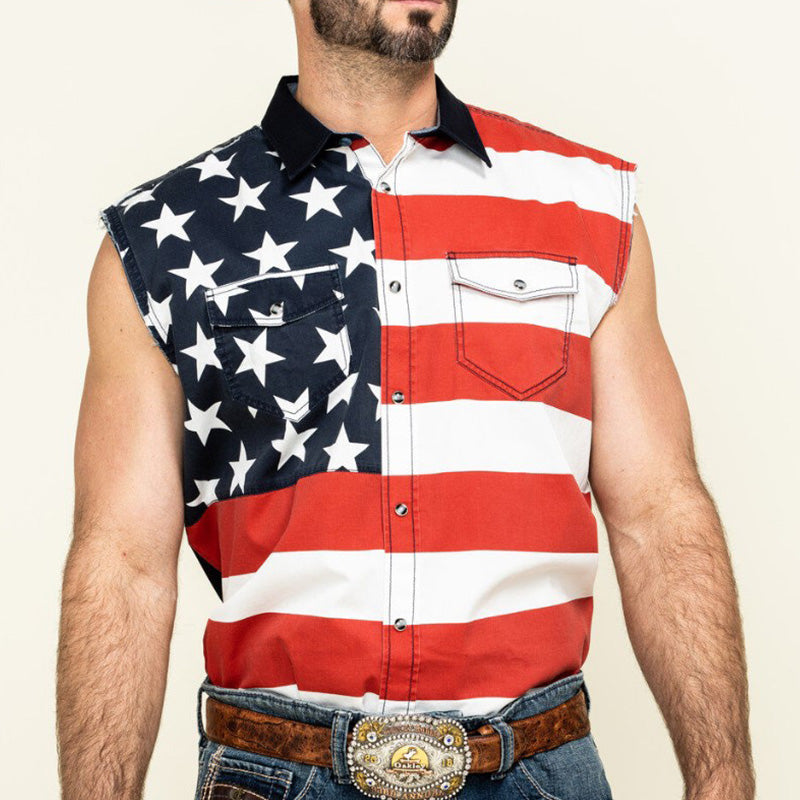 Men's Summer Western Cowboy Style Printed Blended Sleeveless Shirt MTA1421E2P