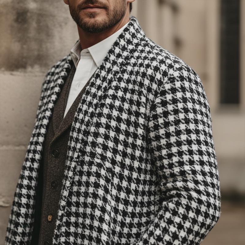 Men's Winter Fashion Houndstooth Cotton Knitted Mid-Length Cardigan MTA1633J9P