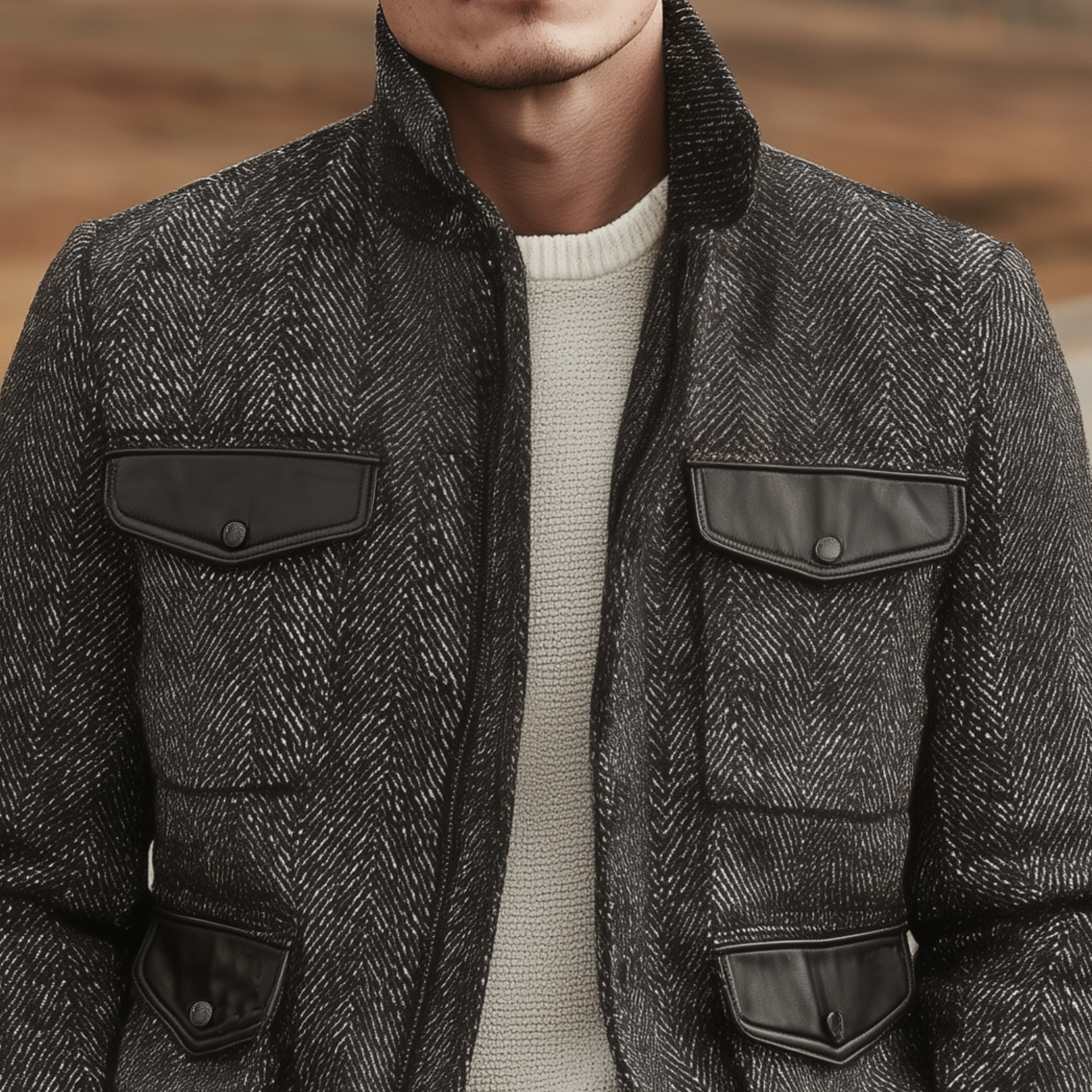 Men's Classic Casual Stand-up Collar Pocket Stitching PU Leather Zipper Herringbone Jacket MTA1525I9K