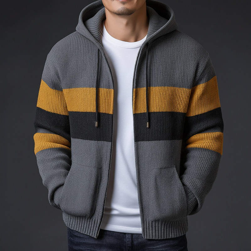 Men's Winter Retro Color Block Cotton Yarn Knitted Hooded Cardigan MTA0356K1P