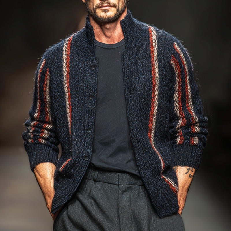 Men's Classic Navy Blue Colorblock Line Stand Collar Knitted Button Cardigan MTA2237J8U