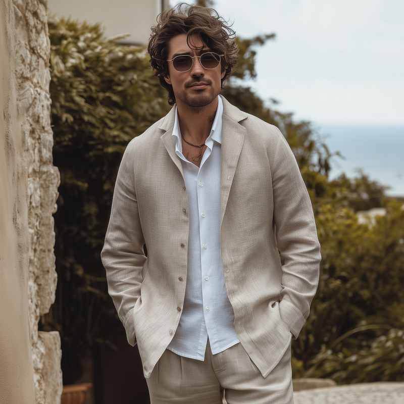 Men's Casual Solid Color Breathable Linen Cuban Collar Single Breasted Loose Long Sleeve Shirt MTA1525G1M