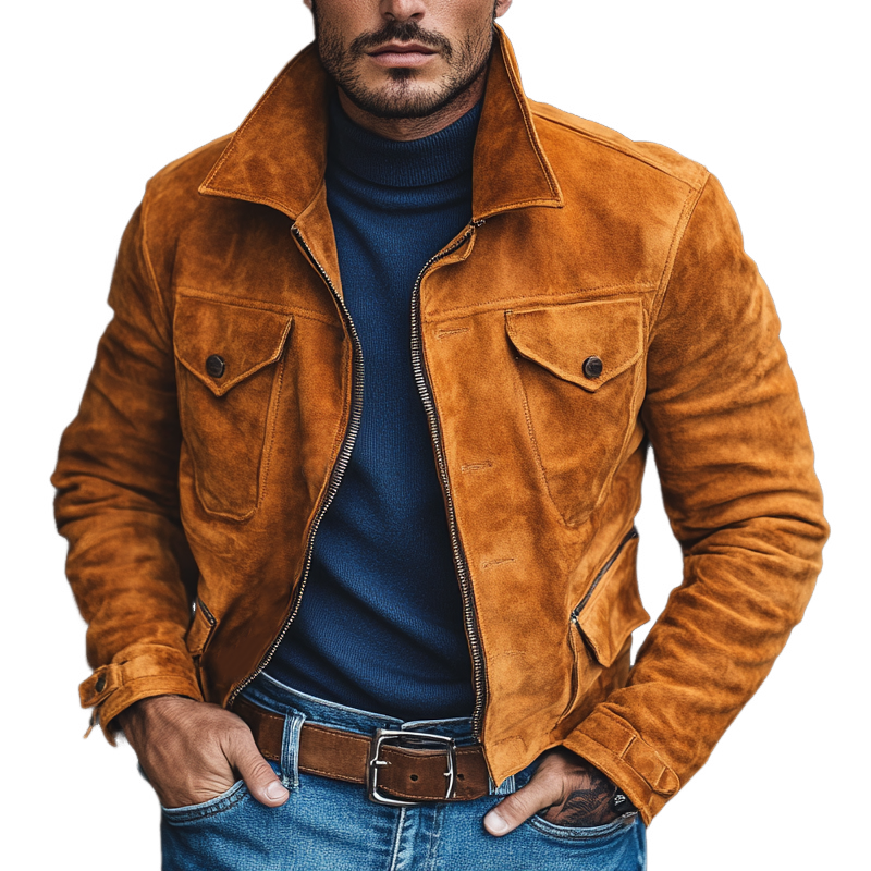 Men's Retro Solid Color Faux Suede Collar Slim Fit Jacket MTA0577K8X