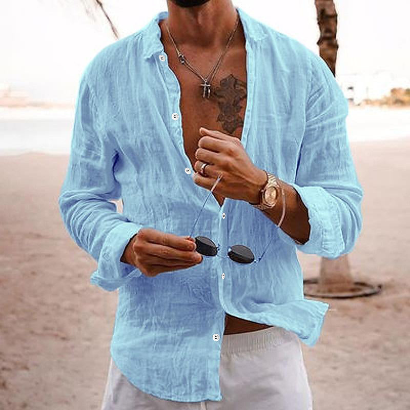Camicia casual da uomo in cotone e lino a maniche lunghe, tinta unita, con risvolto 76098441M
