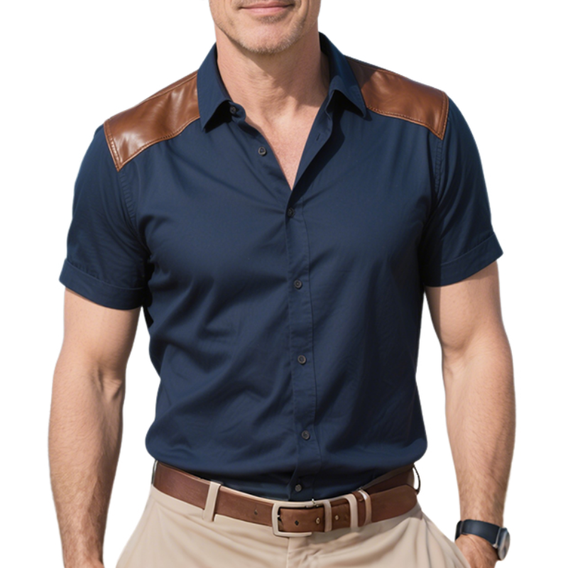 Men's Retro Casual Classic Solid Color Leather Splicing Lapel Short Sleeve Shirt MTA1359E0TO