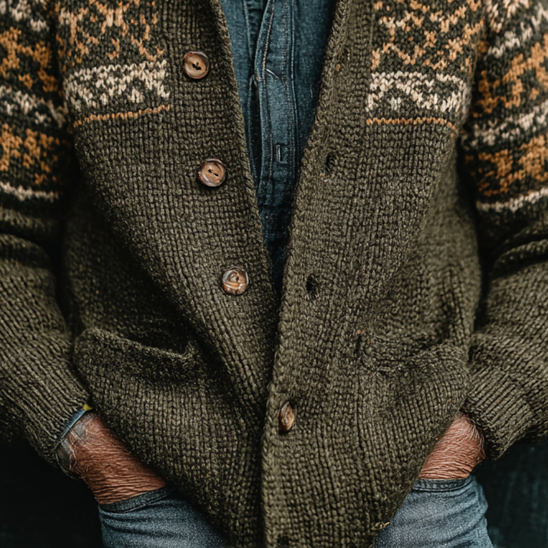Men's Vintage Graphic Knit Stand Collar Single Breasted Casual Cardigan MTA1889I0Z