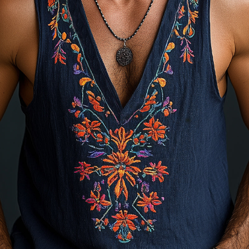 Men's Deep V-neck Vintage Floral Embroidered Cotton and Linen Tank Top MTA3063D1U