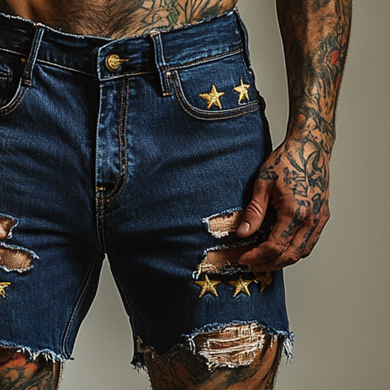 Men's Star Embroidered Ripped Denim Shorts MTA1732F0X