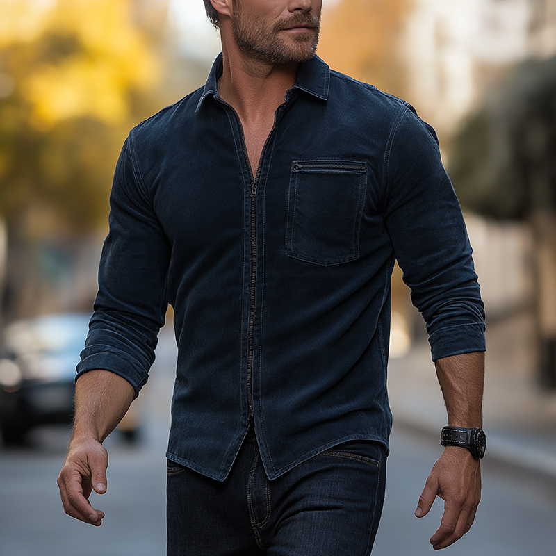 Men's Retro Minimalist Zippered Faux Suede Long-Sleeve Shirt MTA1122L1P