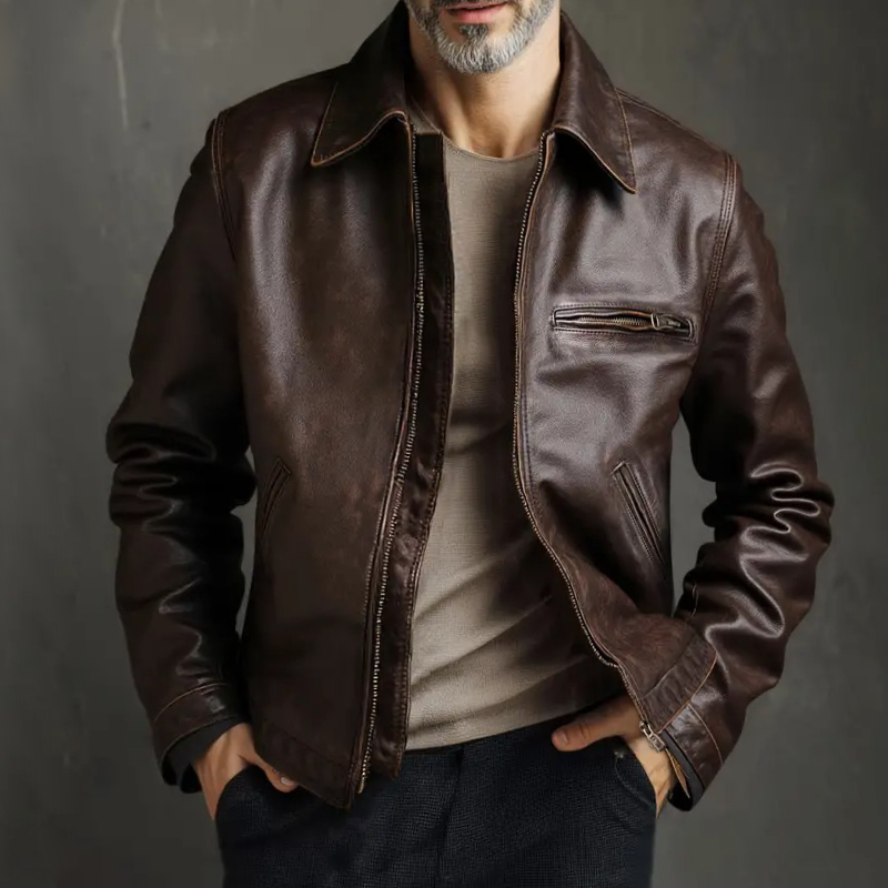 Men's Retro Casual Distressed PU Lapel Zip-Up Jacket MTA1277K5TO