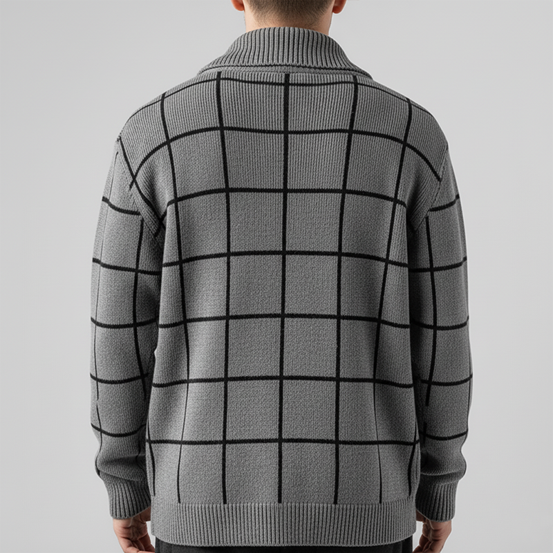 Men's Simple Plaid Cotton Knit Lapel Cardigan MTA1677J1P