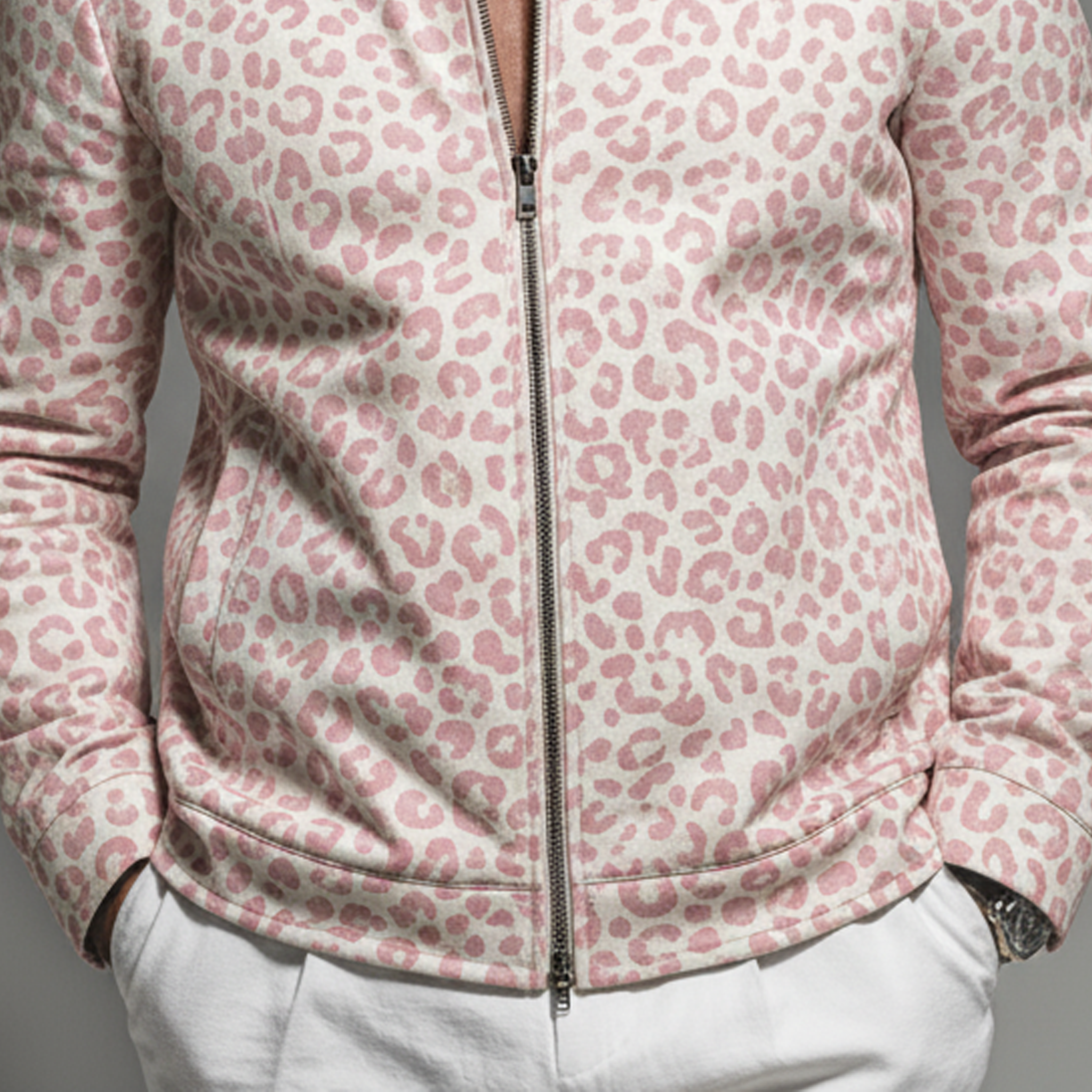 Men's Classic Casual Stand-collar Pink Leopard Print Denim Zip-up Jacket MTA1902L8K