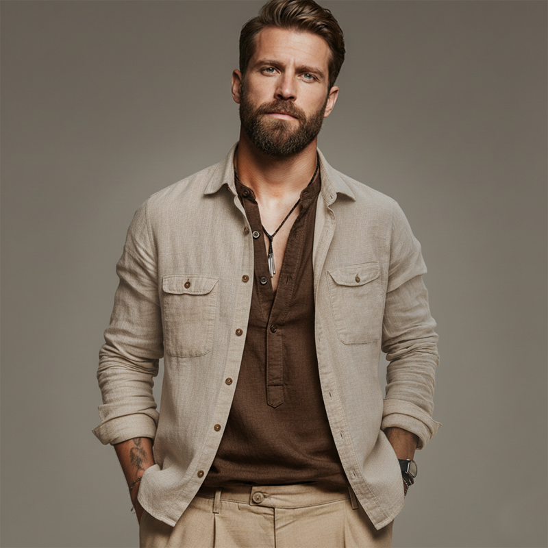 Men's Classic Cotton And Linen Dark Brown Button-down Collar Long-sleeved T-shirt MTZ0549B3U