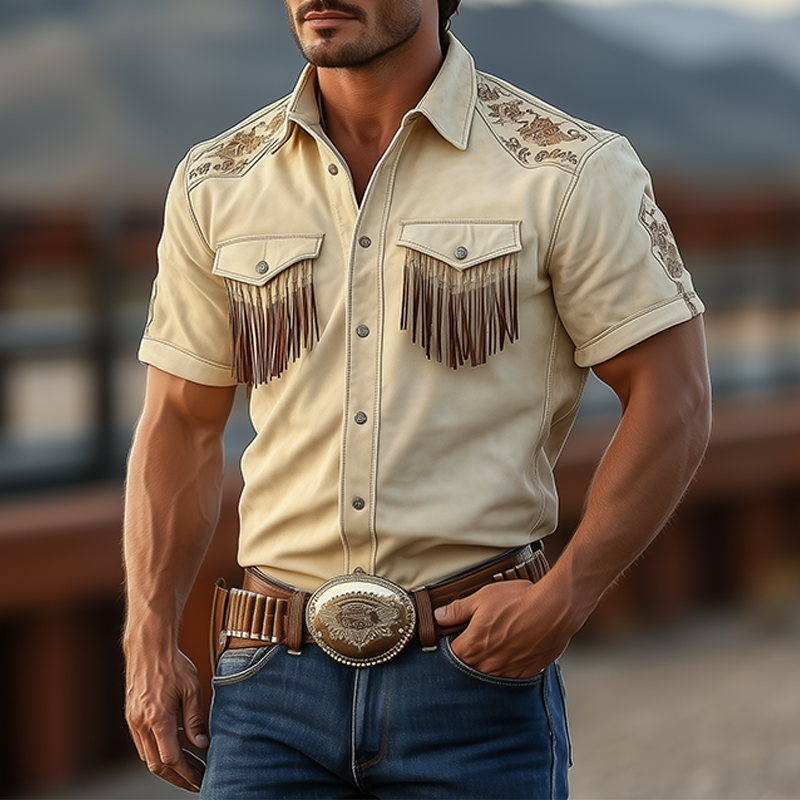Men's Spring And Summer Fashion Retro Western Cowboy Style Thin Suede Embroidered Pocket Tassel Short-sleeved Shirt MTA1582E5K