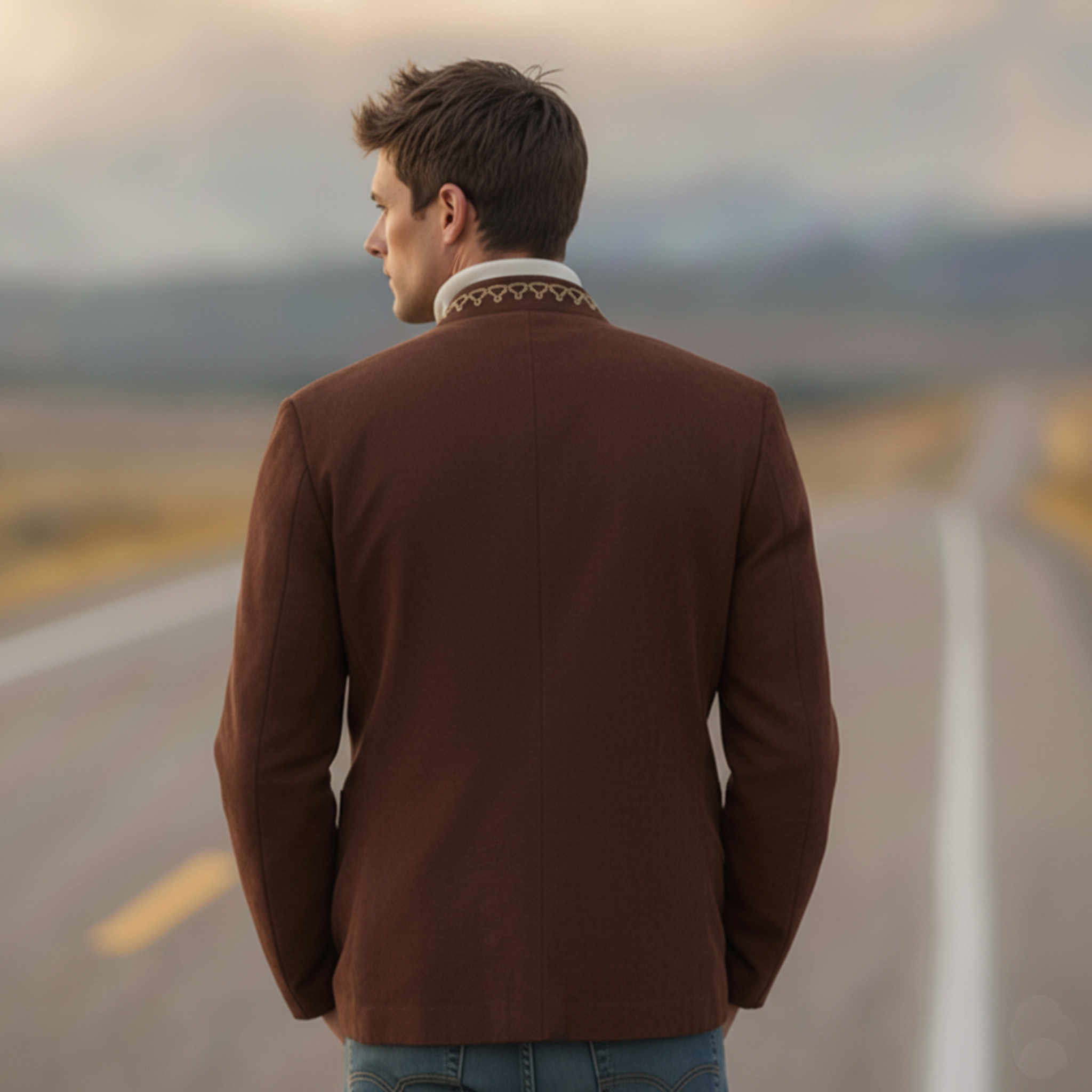 Men's Classic Retro Stand-up Collar Embroidered Faux Suede Jacket MTA2582K1K