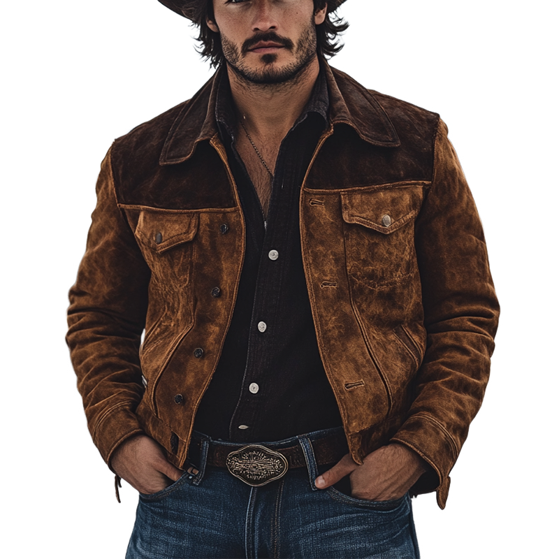 Men's Retro Western Cowboy Style Patchwork Faux Suede Collar Jacket MTA0357K7X