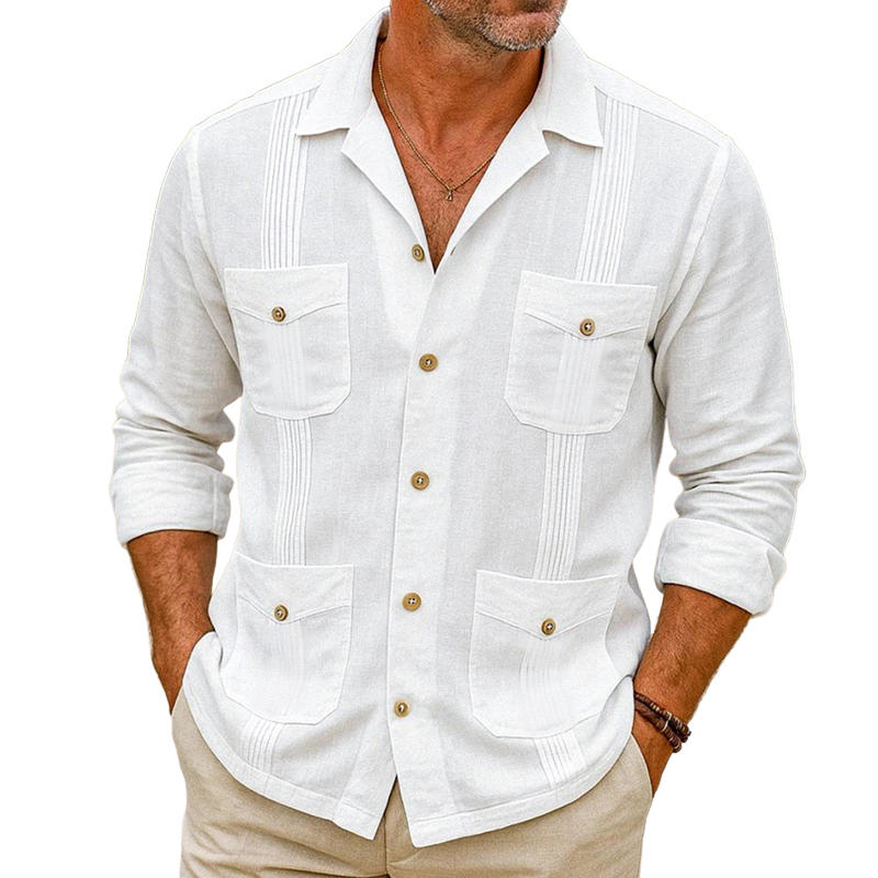 Men's Solid Lapel Multi-pocket Long Sleeve Shirt MTA1820G9Z