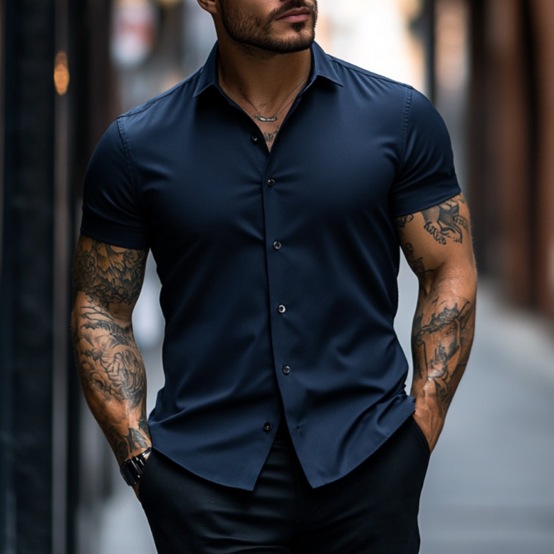 Men's Casual Soft Breathable Cotton Lapel Slim Fit Short Sleeve Shirt MTA2758E1M