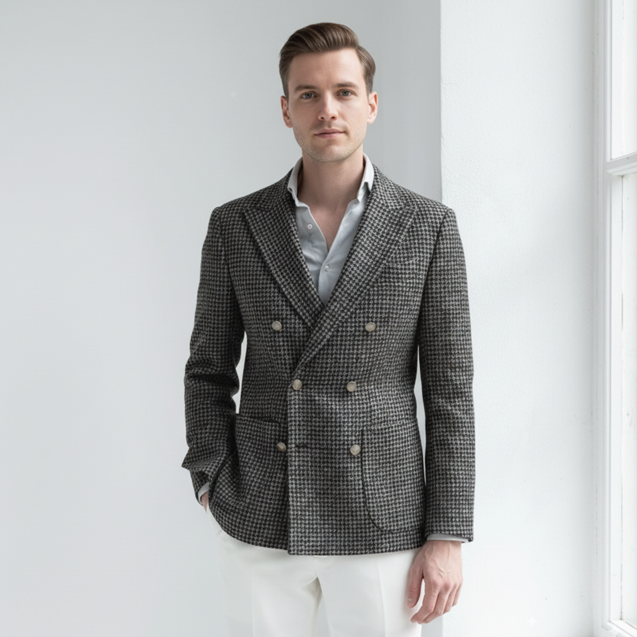Men's Classic Retro Light Business Faux Small Houndstooth Wool Double-breasted Blazer MTA2584I0K