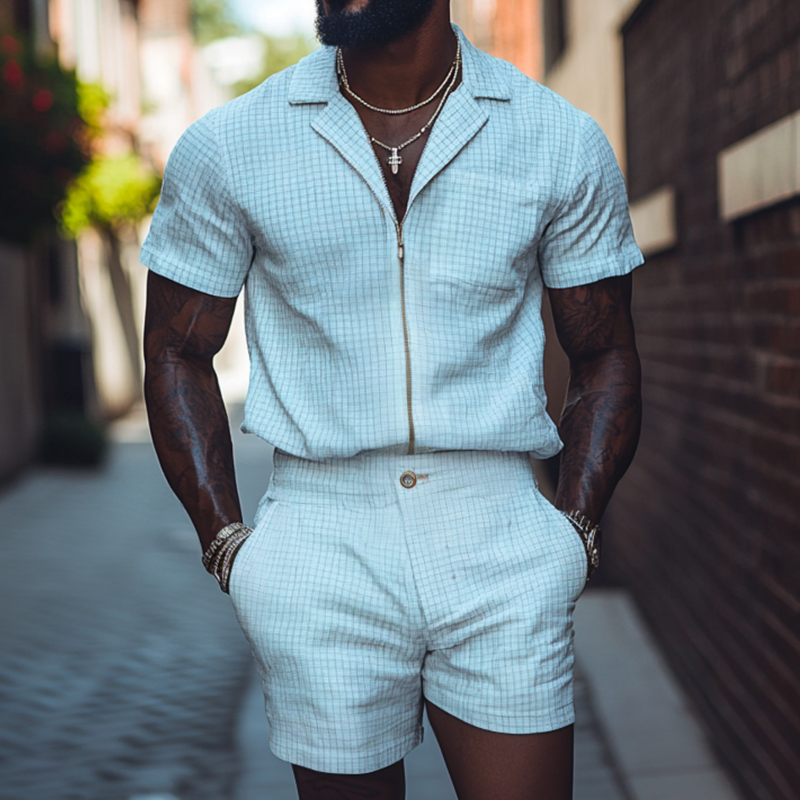 Men's Casual Breathable Cotton Linen Plaid Cuban Collar Zipper Loose Short Sleeve Shirt Suit Shorts Set MTA2026F7M